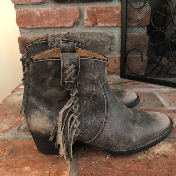 Western Cowboy Fringe Ankle Boots Gray/Brown Distressed  7.5 M - Picture 3 of 9